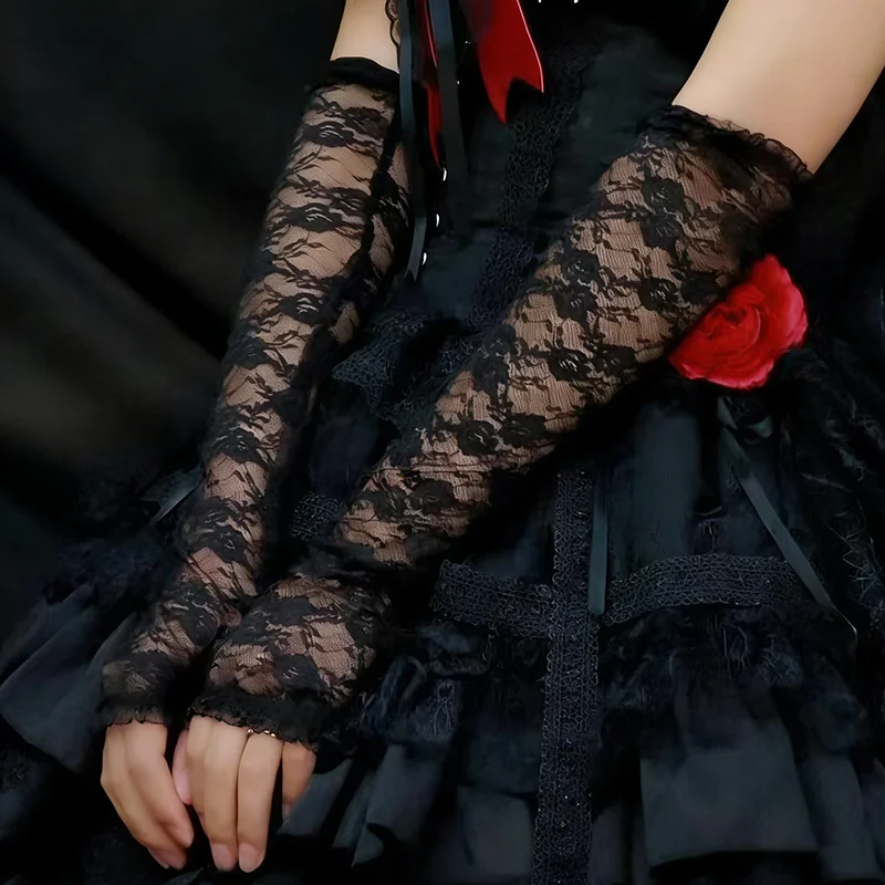 10-ペア夏の女性の袖長く薄いレース日焼け止めサイクリングドライバーハーフフィンガー-uv-耐性セクシーなイブニンググローブ卸売