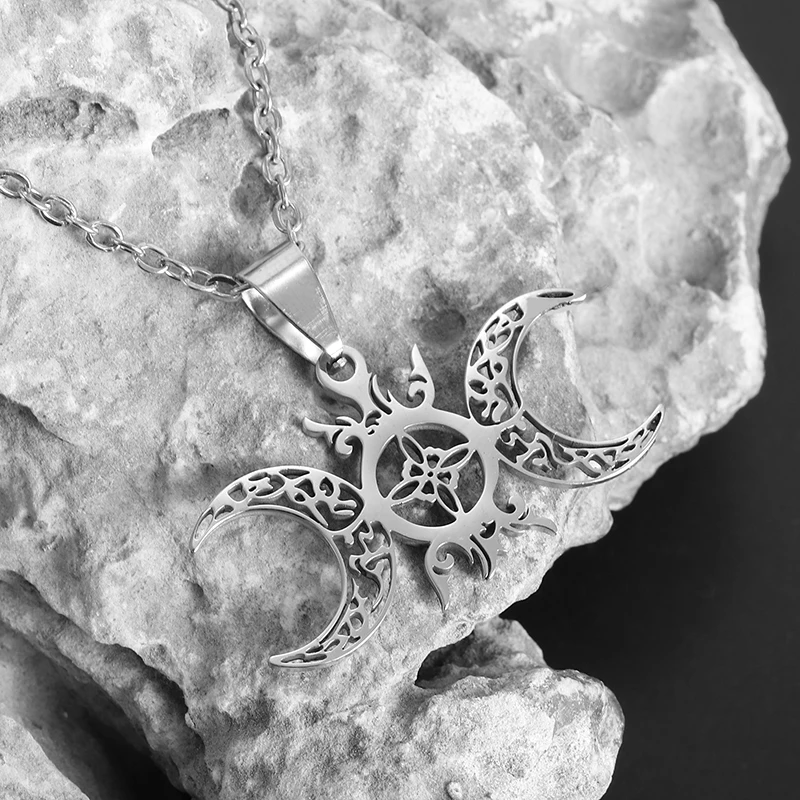 Stainless Steel Sun and Moon Celtic Knot Witchcraft Witch Knot Pendant Necklace Retro Fashion Lucky Trendy Jewelry for Men