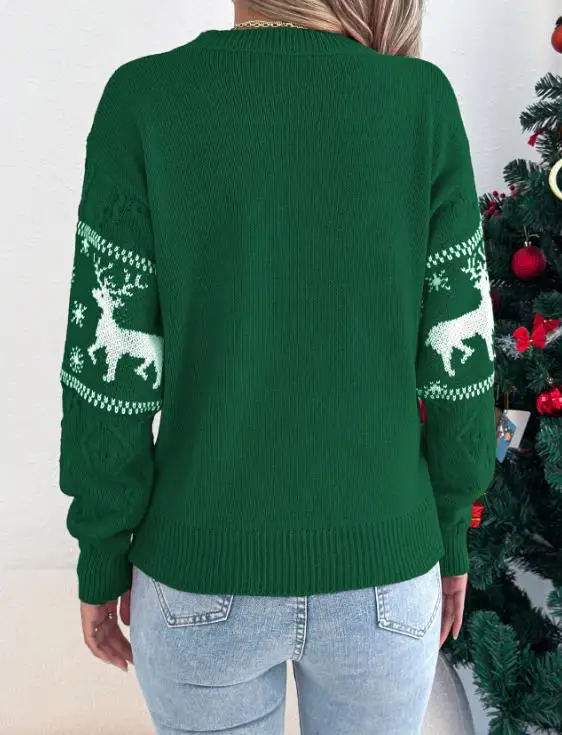 

Women's Christmas Sweater 2025 Autumn Winter Deer Pattern Lantern Long Sleeved Pullover Sweater Retro Elegant Casual Sweater