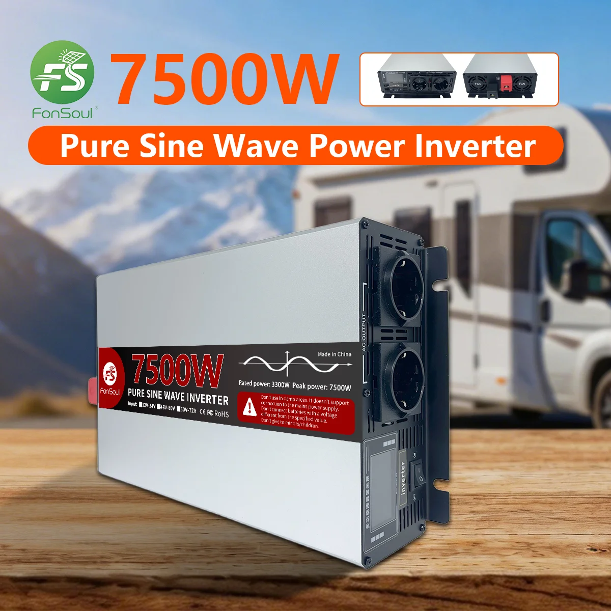 Fonsoul 7500W Pure Sine Wave Inverter 12V 24V 48V to 110V 220V LCD Display 2 Universal Sockets Voltage Solar Power Car Inverter