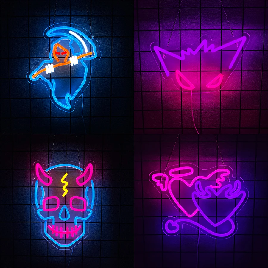 

Неоновые вывески серии «Демон», значки ужасов ручной работы, питание от USB, используются для комнаты, клуба, дома с привидениями, вечеринки, художественного декора на Хэллоуин.