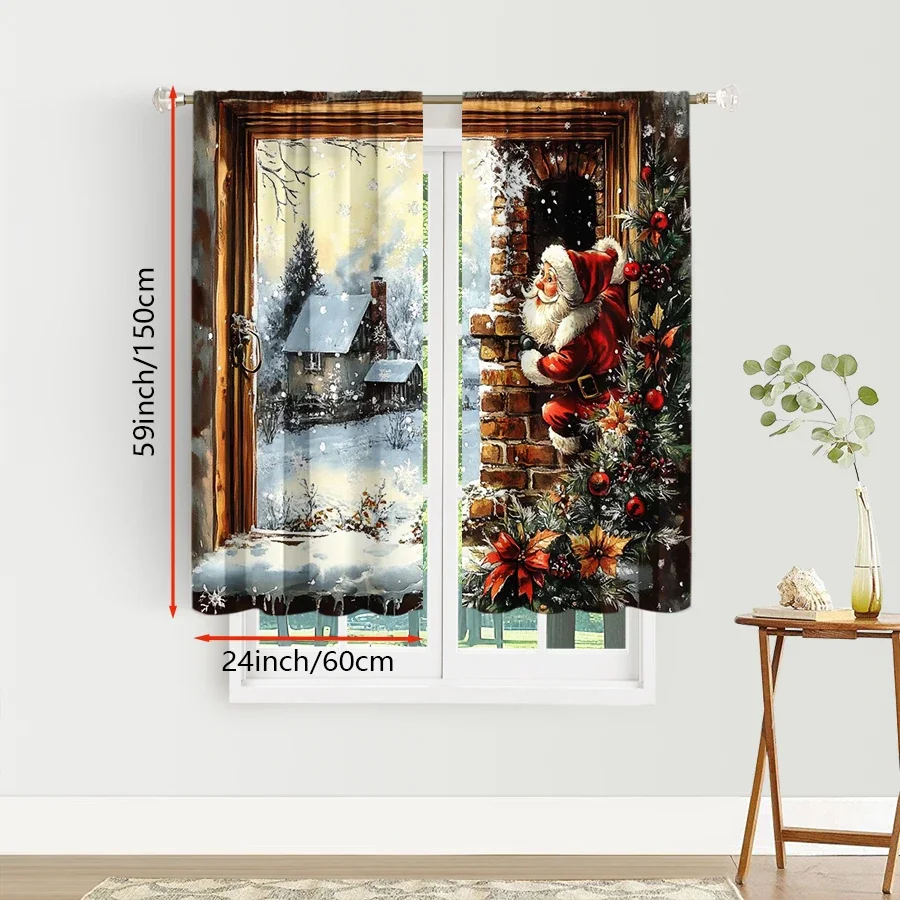 2PCS Santa Chimney Christmas Curtains, Window Frame Snowy Cottage Scene, Vintage Holiday Window Drapes for Bedroom Living Room