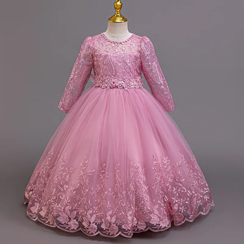 

Long Sleeve Embroidery Girl's Ceremonial Clothes 4 to 12 Years Formal Wedding Dress for Elegant Party Girls Festival Dresses