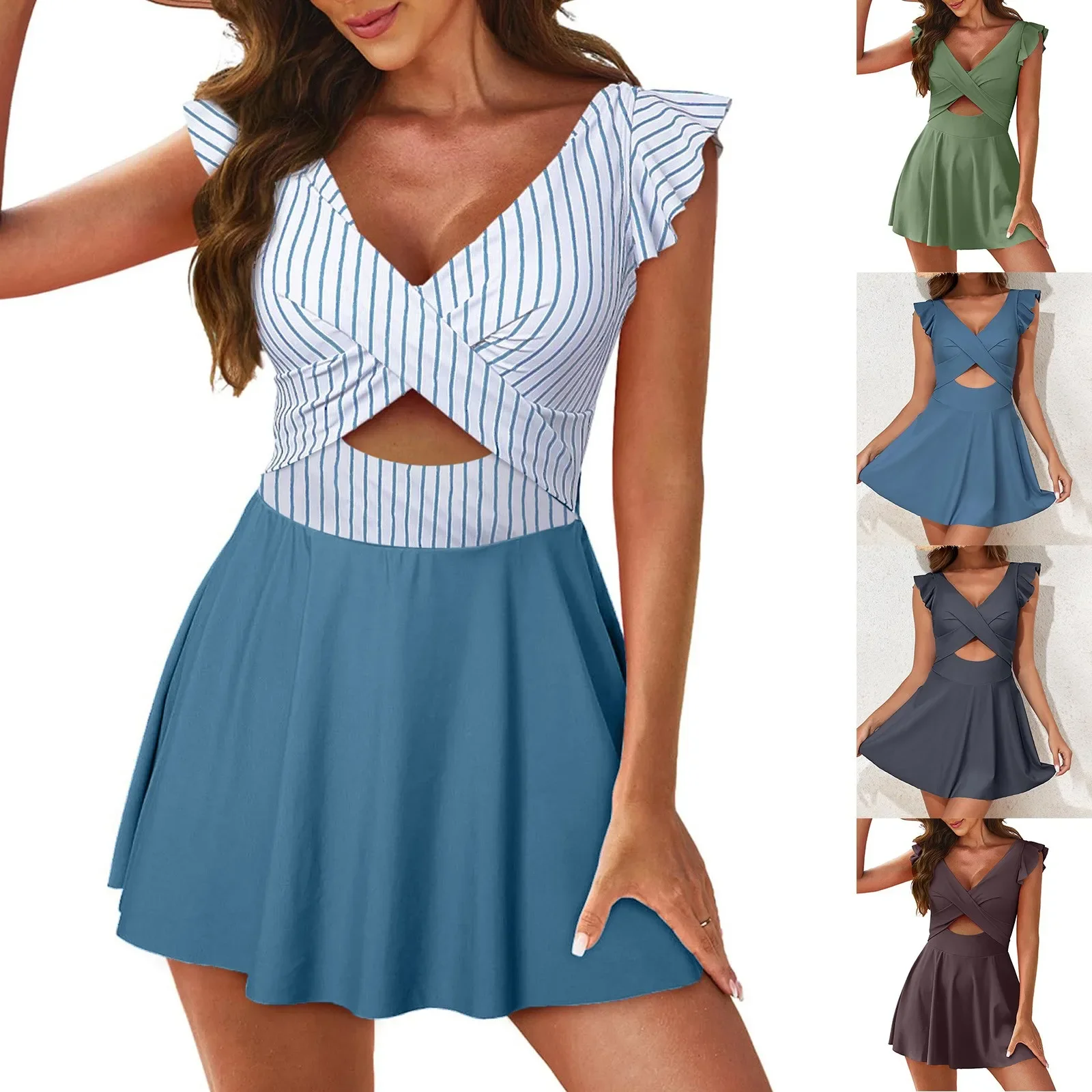 

Bikini Swimwear Women'S Ruffled One Pc Swimsuits V Neck Control Cutout High Waisted Bathing Suit Nuevo En Conjuntos A Juego