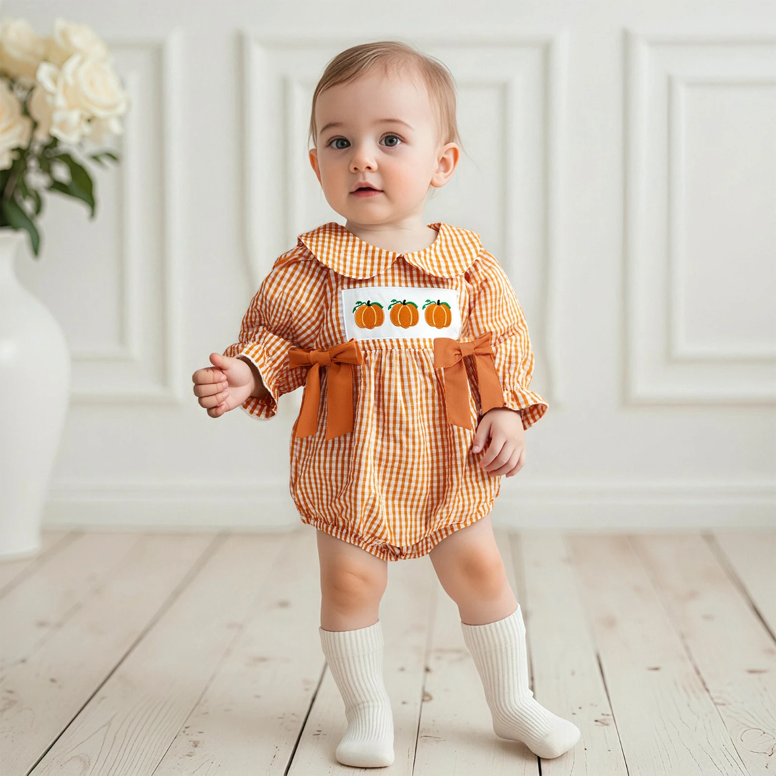 

Baby Girl Halloween Outfit Long Sleeve Pumpkin Smocked Plaid Romper Fall Winter Clothes