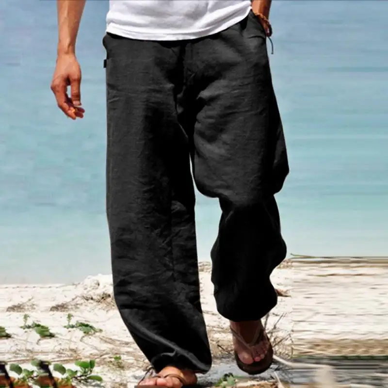 Spring and Summer Men\'s Casual Cotton Linen Elastic Waist Blend Comfortable and Soft Beach Casual Pants