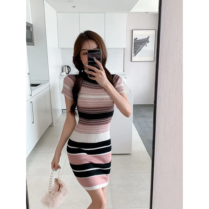 2026 Women Korean Summer New Arrival Slim Fit Bodycon Mini Dress Inner Wear Striped Knit Casual Short Dresses