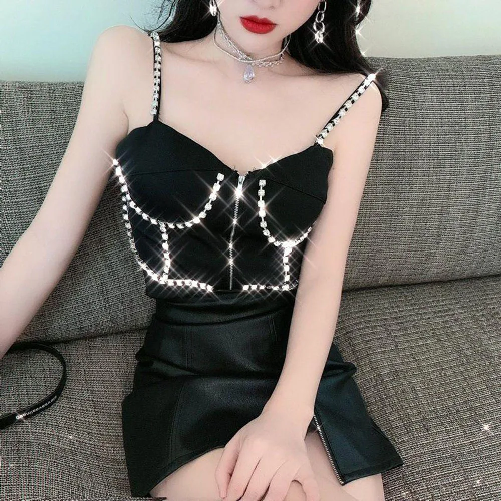 Women Corset Blusas Camis Club Crop Top Ladies Bra Summer Woman Tank Tops Sexy Diamond Beading Party Push Up Bustier Y2k Clothes