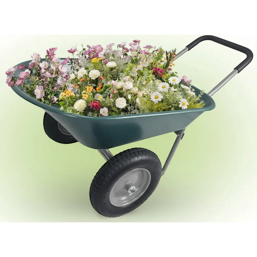 Heavy Duty Dual Wheel Garden Cart with Built-in Stand, Easy Maneuver Utility Wheelbarrow for Home Yard Green