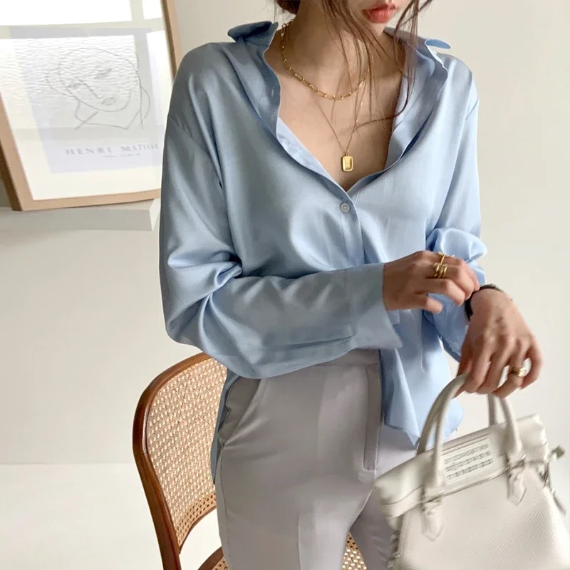 Elegant Korean Office Shirt Fashion Button Up Silk Shirt Blouse Autumn Vintage Hong Kong Loose Stylish Satin Shirt Women 12512