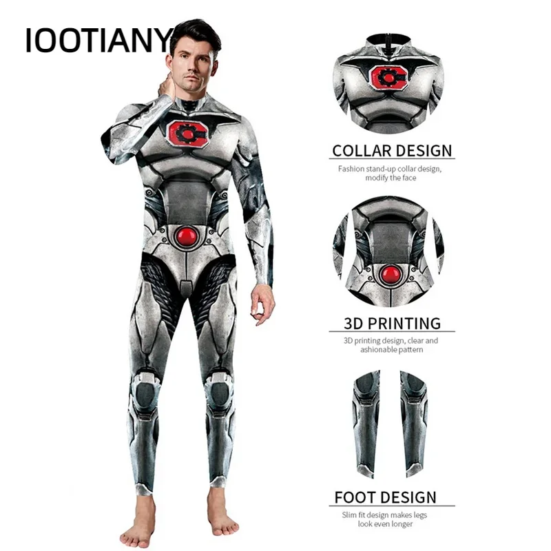 Superhero Cyborg Victor Stone Sexy Slim Jumpsuit Catsuit Costumes Zentai Man Bodysuit Fancy Dress Halloween Cosplay