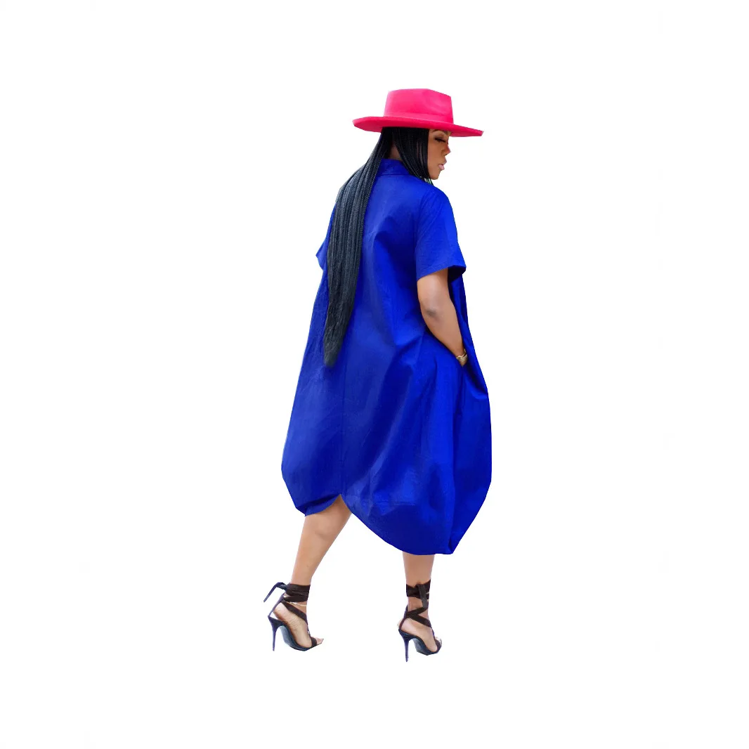 TW650 plus Size Solid Color Cardigan Dress Summer European American Style Loose Fit Short-Sleeved Fashion Commute Dress