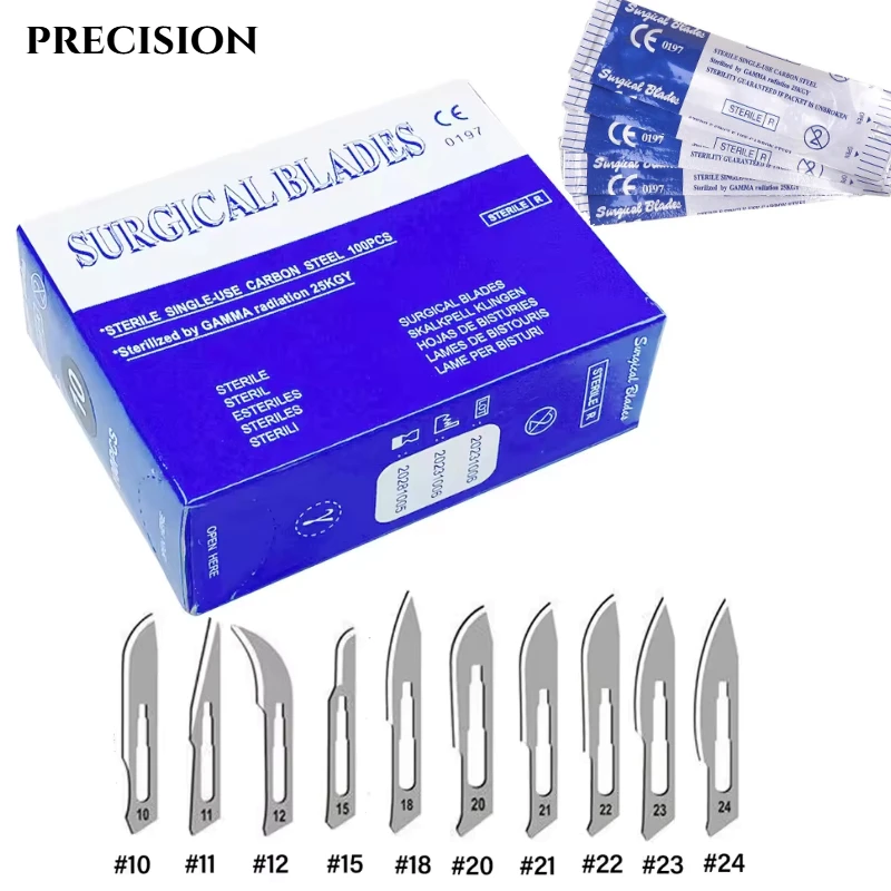 

100pcs Dental Surgical Blade Sterilized Scalpel Knife Handle Carbon Steel Beauty DIY Mobile Phone Repair Disposable Tools