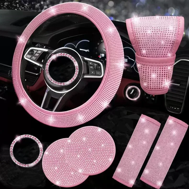 Full Drill Car Steering Wheel Cover Airbag Cover Cup Mat One Touch Start Button Automobile Safety Belt Accessories Shoulder Prot