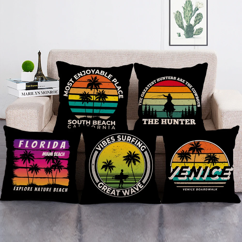 

Vintage Palm Print Decorative Cushion Cover Beach Surfing Design Pillow Case Linen Pillowcase for Home Decoration