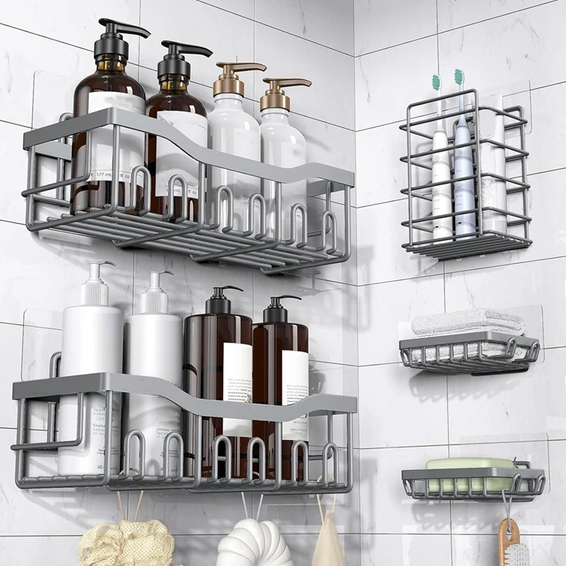 Shower 5 Pack, Rustproof Stainless Steel, No Drilling, Large Capacity, Ideal for Bathroom & Kitchen Storage-A51M