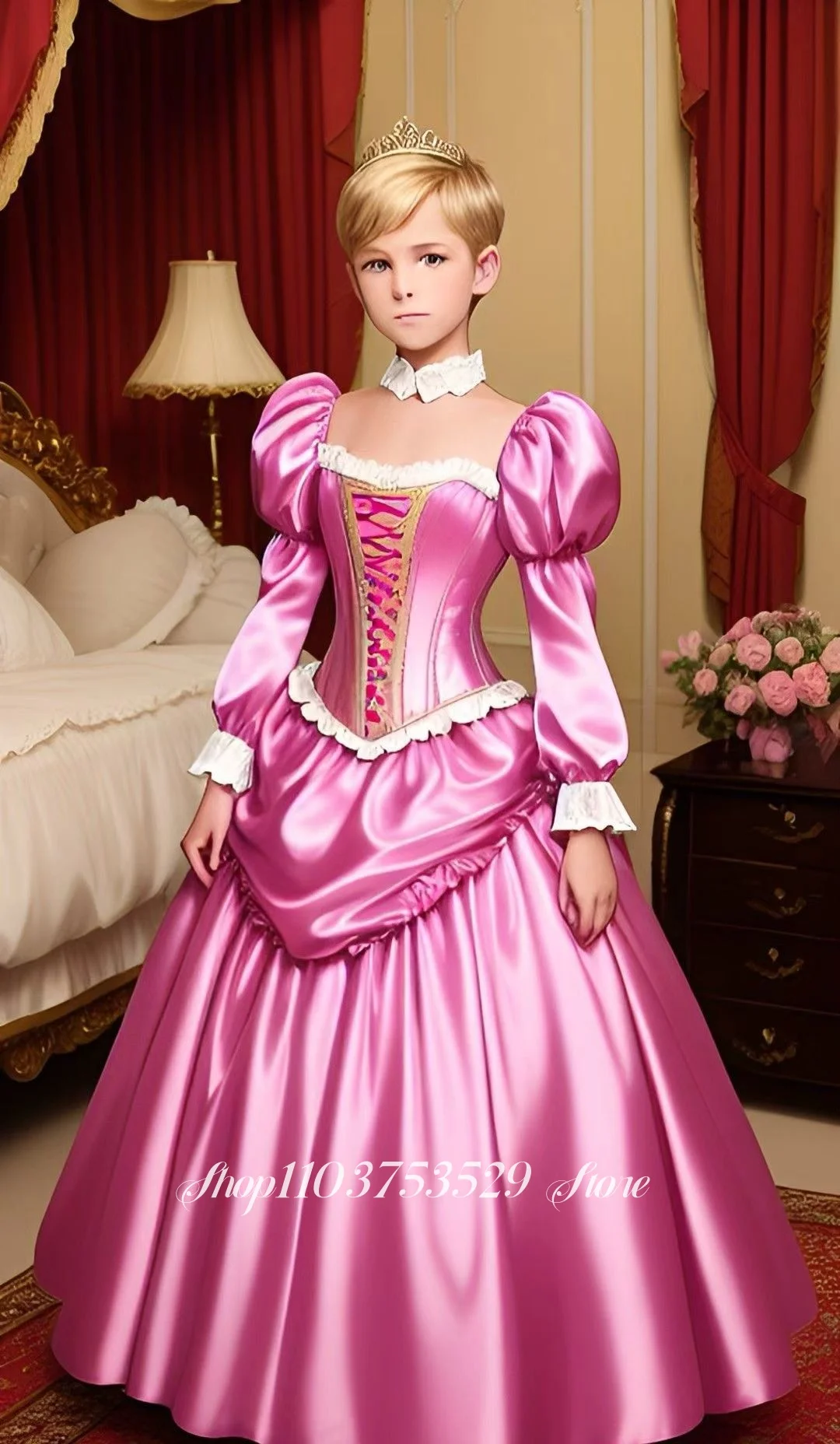 ชุดราตรีสีชมพูสไตล์วิคตอเรียน แต่งลูกไม้ คอร์เซ็ท กระโปรงทรงเอ วินเทจ แบบเอลิซาเบธ สำหรับโอกาสพิเศษ