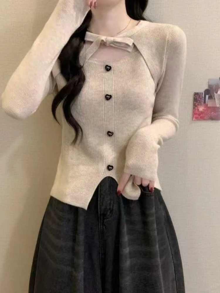 Autumn and Winter Temperament Fragrant Style High-end Bow Tie Two Piece Design Niche Top Knitted Sweater