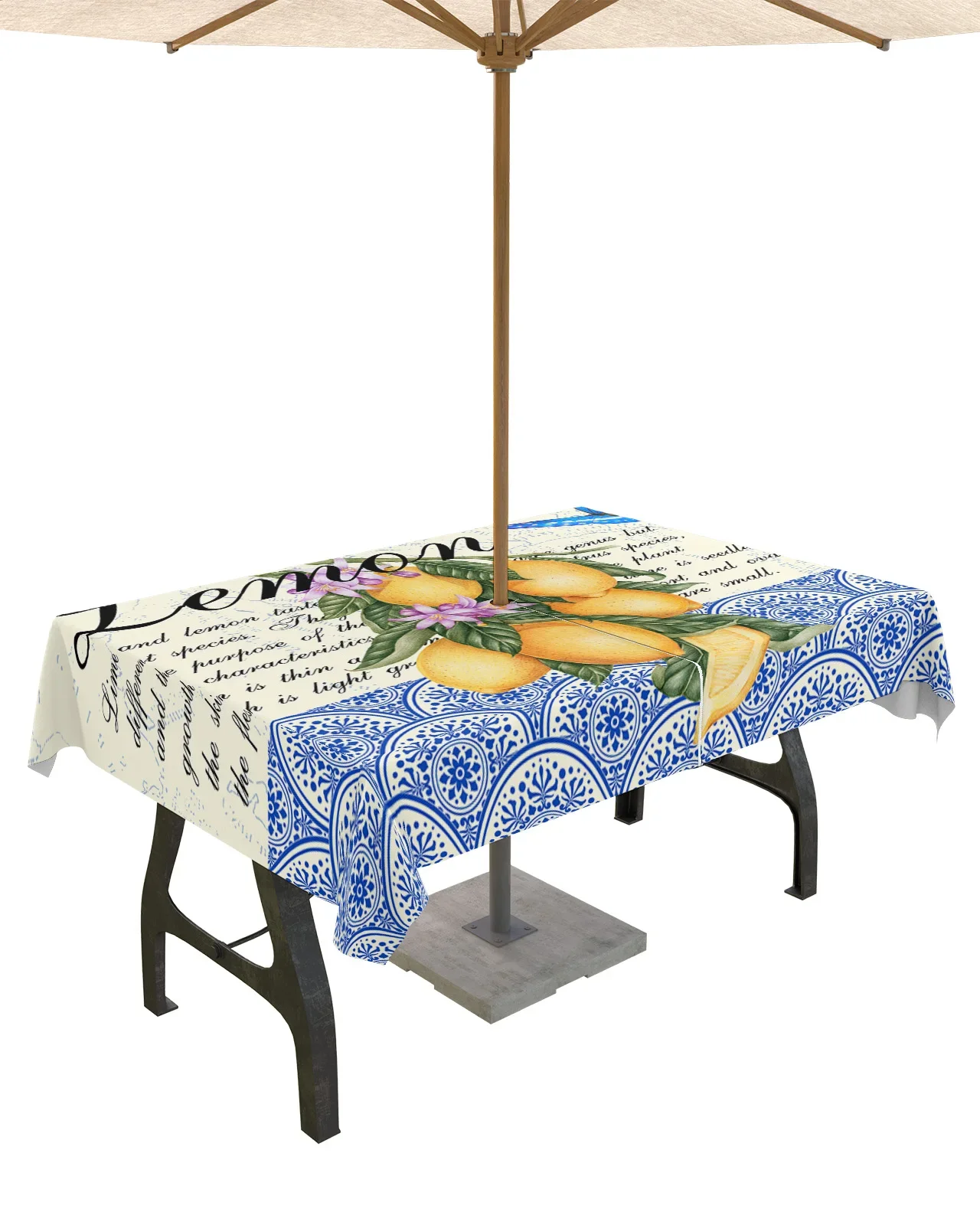 Imagem -03 - Toalha de Mesa Redonda Impermeável ao ar Livre com Guarda-chuva Hole Zippered Table Cover Padrão Marroquino Retro Borboleta Limão Piquenique Pátio