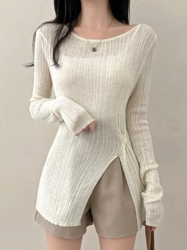 เสื้อคลุมไหมพรมบางเบาสำหรับฤดูร้อน ป้องกันแสงแดด ดีไซน์ผ่าข้าง กระชับสัดส่วน สไตล์เกาหลี ทรงเข้ารูป