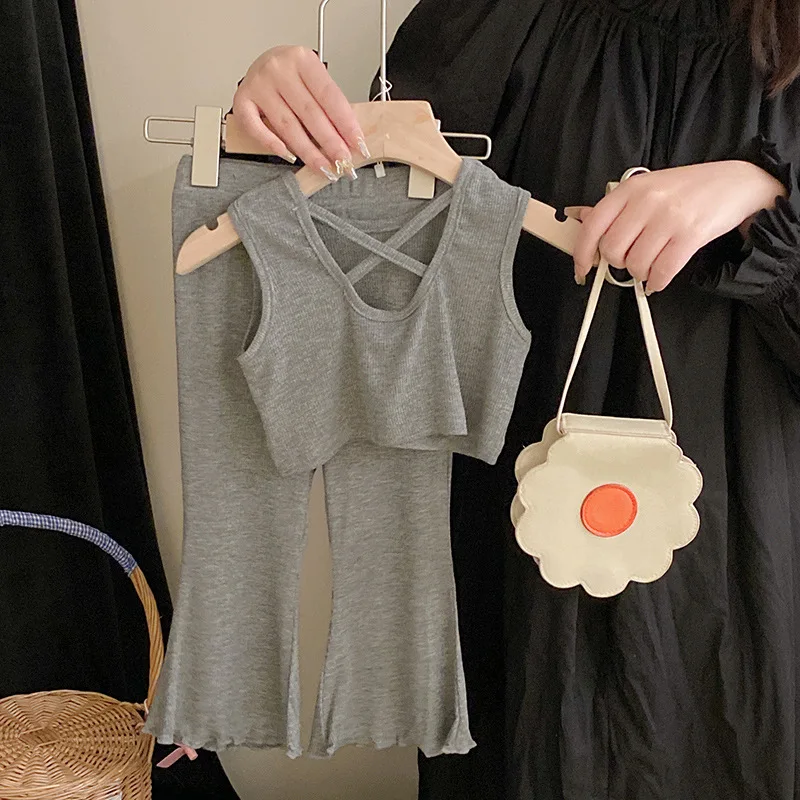 

Summer New Soft And Comfortable Bal Svel Vest And Flared Pants Set for Girls Trendy Pure Color Kids Outfit