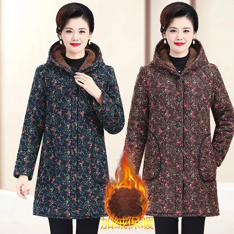 Fleece Jacket For Women Floral Cotton Coat Middle-Aged And Elderly Mothers Thick Medium Length Hooded Winter Outerwear Z4744