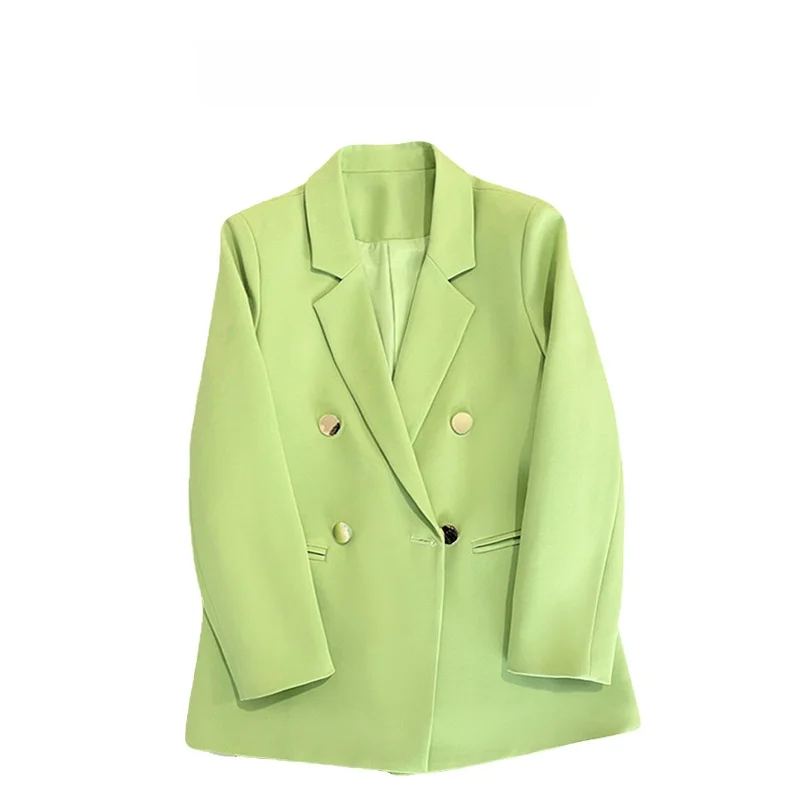

Зеленый женский пиджак с металлической пряжкой, повседневный, премиум-класса, весна 2024, однотонный, с длинным рукавом, модная верхняя одежда