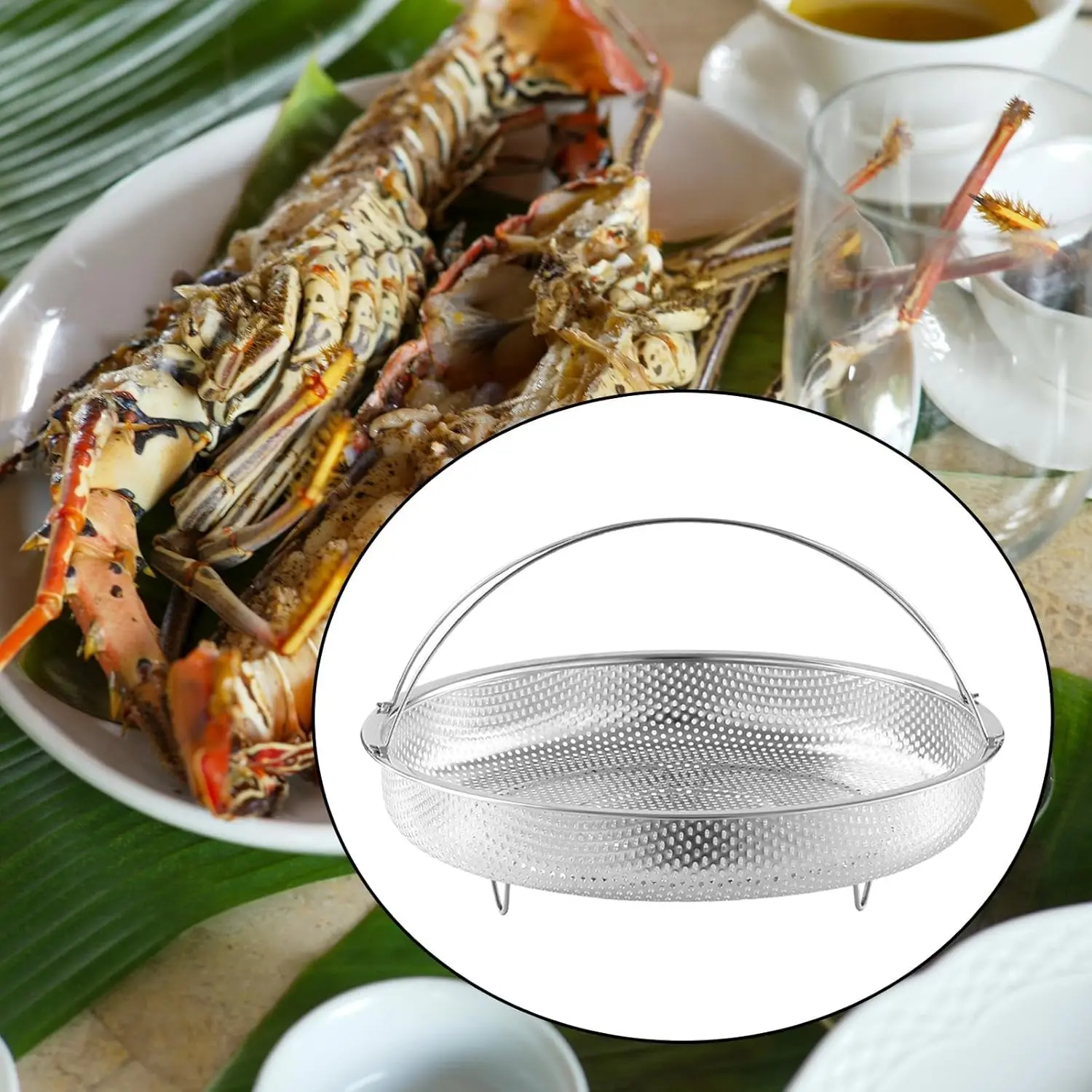 مبخرة طعام متعددة الوظائف من الفولاذ المقاوم للصدأ بمقبض ، أرز ، معكرونة ، فواكه ، سلة تنظيف للخضروات المطبوخة على البخار ، المأكولات البحرية على البخار