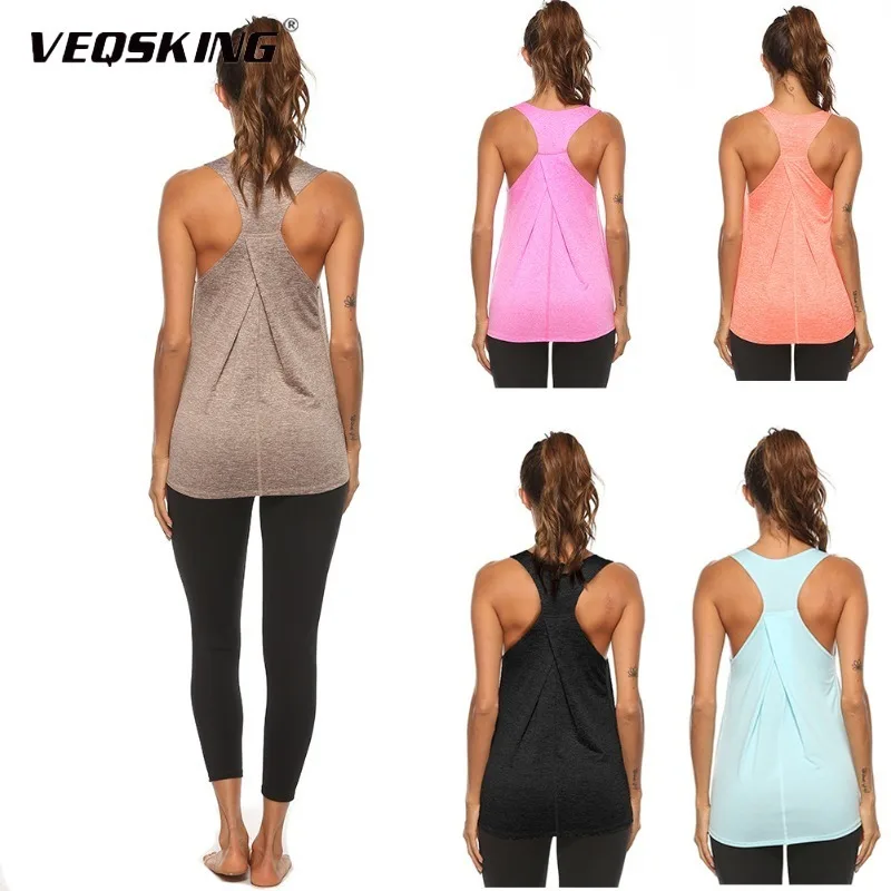 VEQSKING Plus Size Yoga Top Women Quick Dry GymTank Top Running Sports Vest Sleeveless Fitness Crop Top Workout Racer Back Shirt