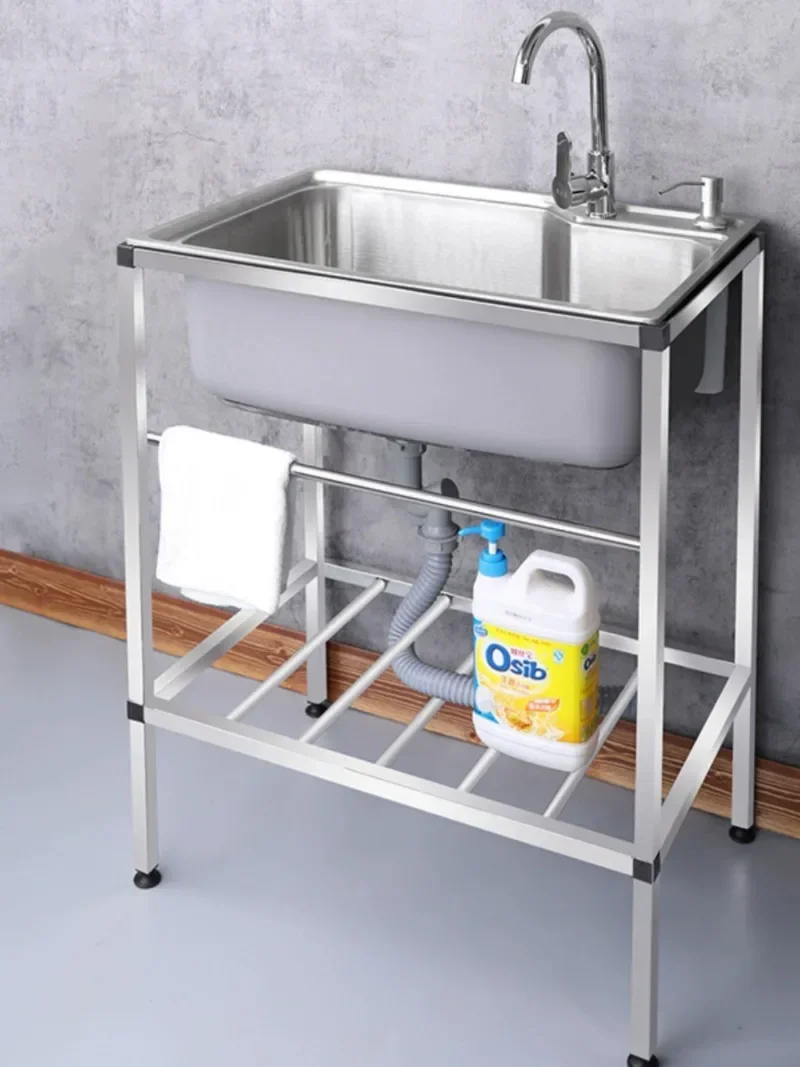 

For Kitchen Household Stainless Steel Sink with Stand Floor Washing Basin Single Sink Double Slot Scullery Dishwashing Pool