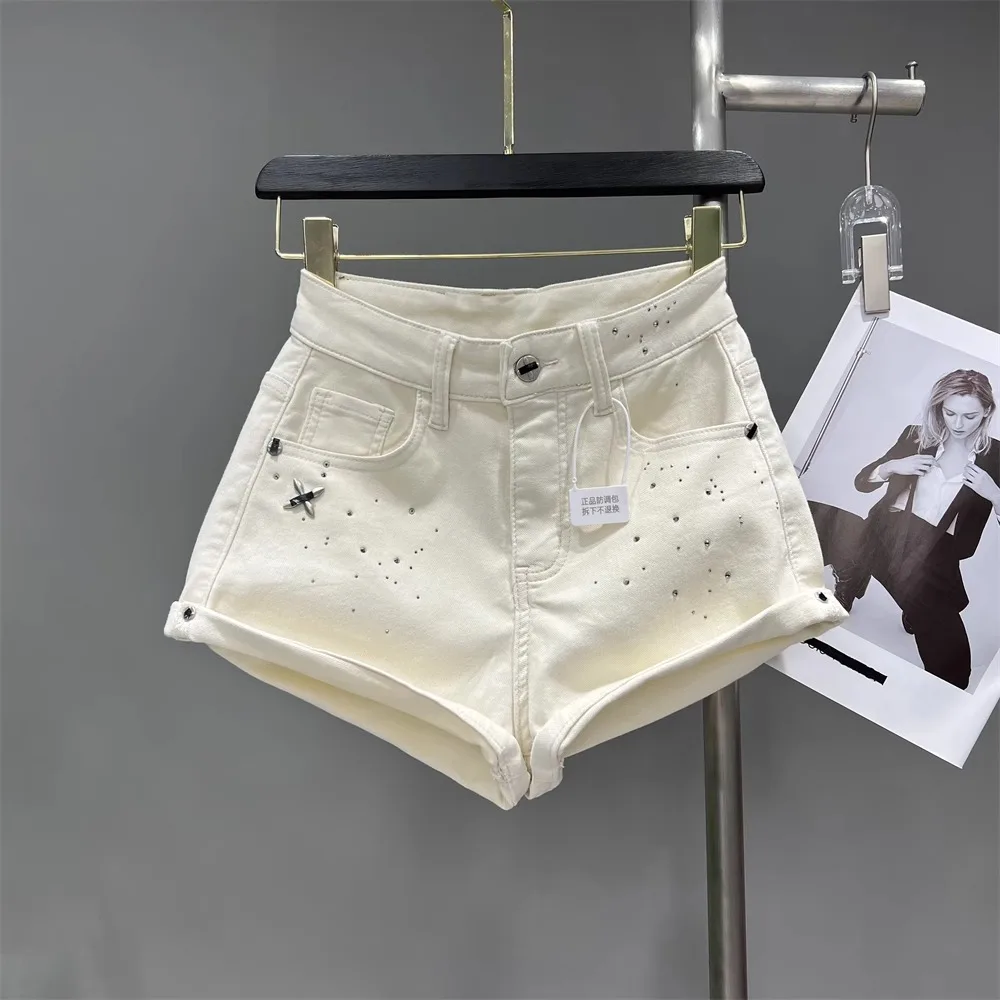 

2026 Summer Sexy Y2K Rhinestone Denim Shorts Women Rolled Hem Low Waist A Line Wide Leg Hot Pants Fashion Streetwear