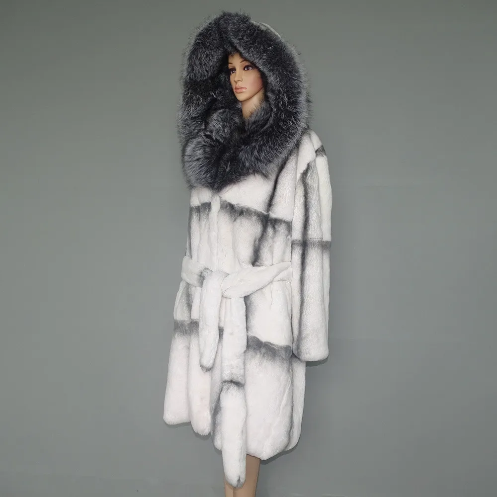 

FURYOUME 2024 Winter Women Real Genuine Natural Rabbit Fur Coat Long Large Silver Fox Fur Collar Hooded Jacket Luxury Overcoat