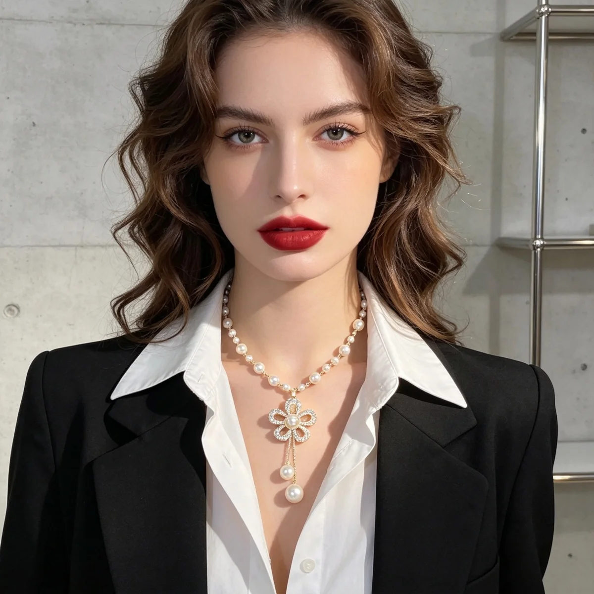 Elegante französische Strass-Perlenblumen-Halskette mit langer Kette für Damen und Herren, zarte florale Quasten-Choker-Schmuckstücke – Detail 12
