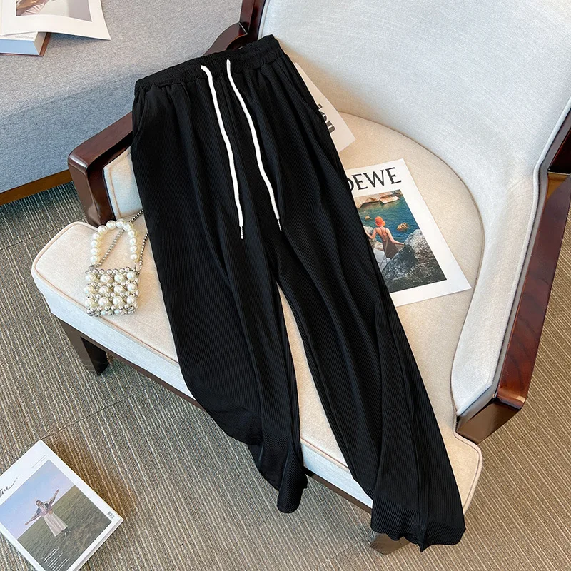 

Casual Sports Pants ,Women's Clothes, 2024 New, Spring Autumn Large Size Drawstring Tie Straight Wide Leg Pants, Black Trousers