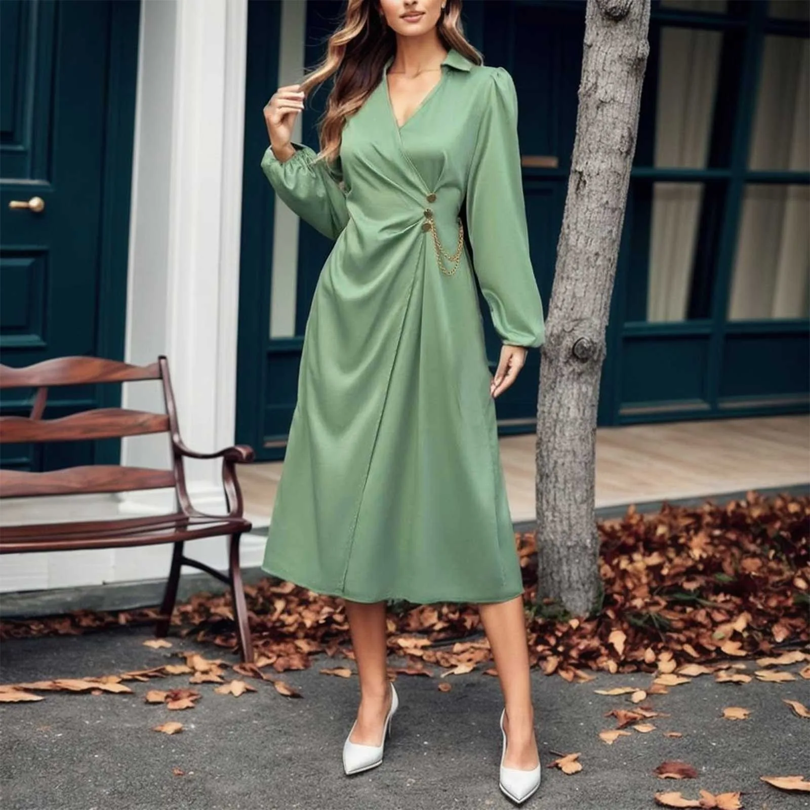 

Classic French Dress Women's Long Sleeve V-neck Beaded Slim Solid Color Female Dresses Fashion Summer 2023 New Party Vestidos