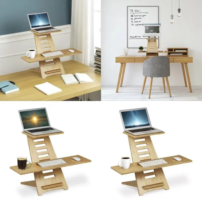 for Home office school bamboo modern storage adjustable standing desk lift table laptop desk with multi-layer storage rack