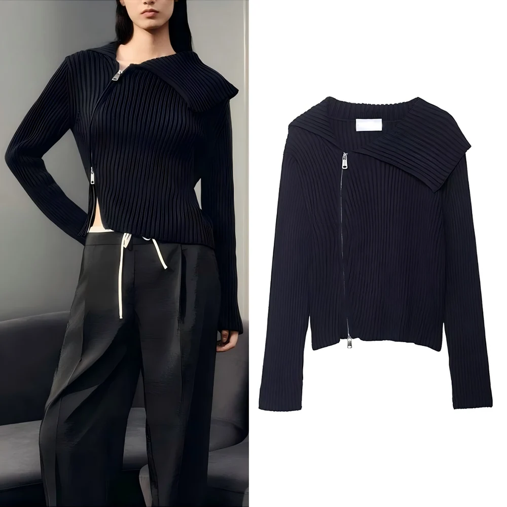 

Women's autumn fashion asymmetrical Lapel design slim ribbed knitted Coat retro long sleeved zipper women's Coat chic top