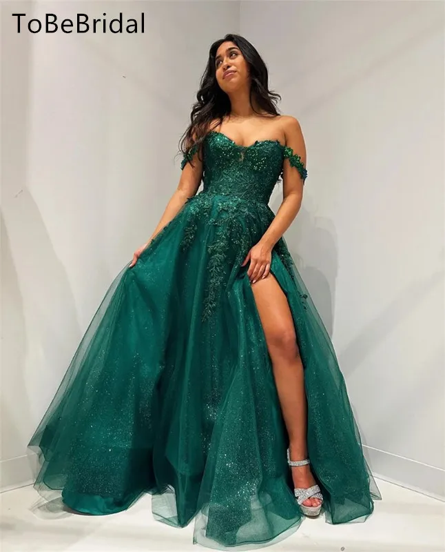 

Green Sparkling Tulle Prom Dress Embroidered Flower Off Shoulder Short Sleeve A-line Formal Party Evening Dresses Customized