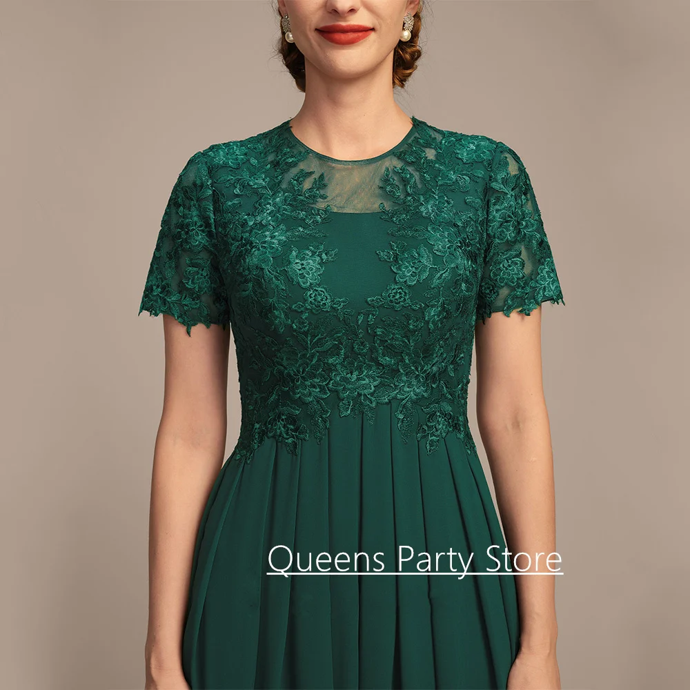 Kleid für die Brautmutter, individuell gestaltet, kurze Ärmel, Rundhalsausschnitt, Spitze, drapiert, A-Linie, Chiffon, Hochzeitsgastkleid, knöchellang