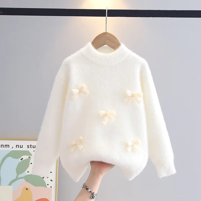 2025 Sweaters for Kids Girls Winter Warmer Bow-tie Sweater Fluffy Flocking Knitted Tops Outfit Student Princess Clothing IY08151