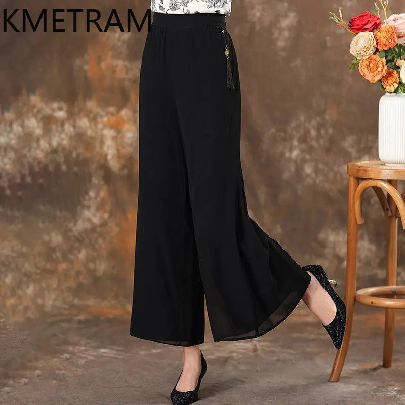 KMETRAM 100% Real Mulberry Silk Pants Women 2026 Spring Double-layer Casual Long Wide-leg Pants Female Clothing Pantalones Mujer