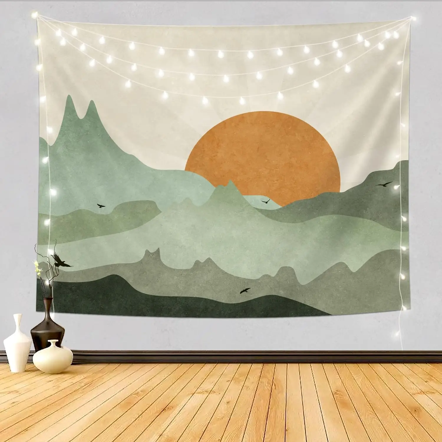 

Green Mountain Sun Boho Tapestry,Simple Art Sunrise Nature Tapestry Sunset Landscape Abstract Aesthetic Wall Bedroom Living Room
