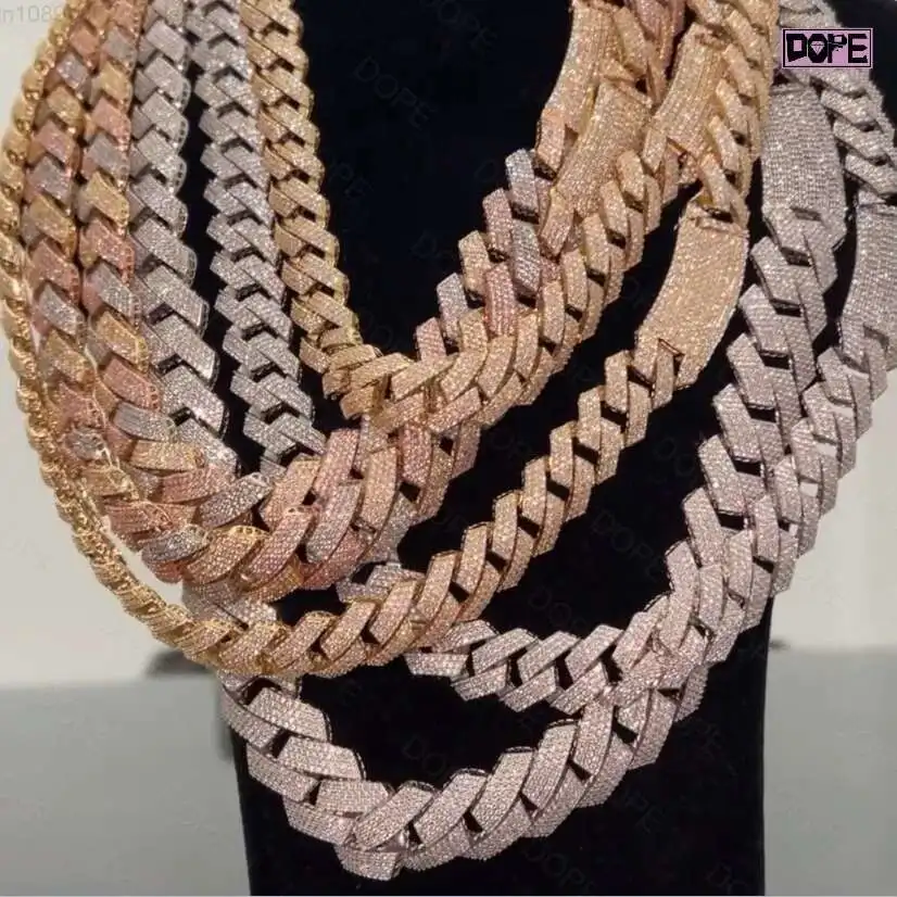 

Роскошная кубинская цепочка из муассанита в стиле хип-хоп Iced Out, серебро 925 пробы, 16 мм, 18 мм, 4 ряда, кубинская цепочка из муассанита