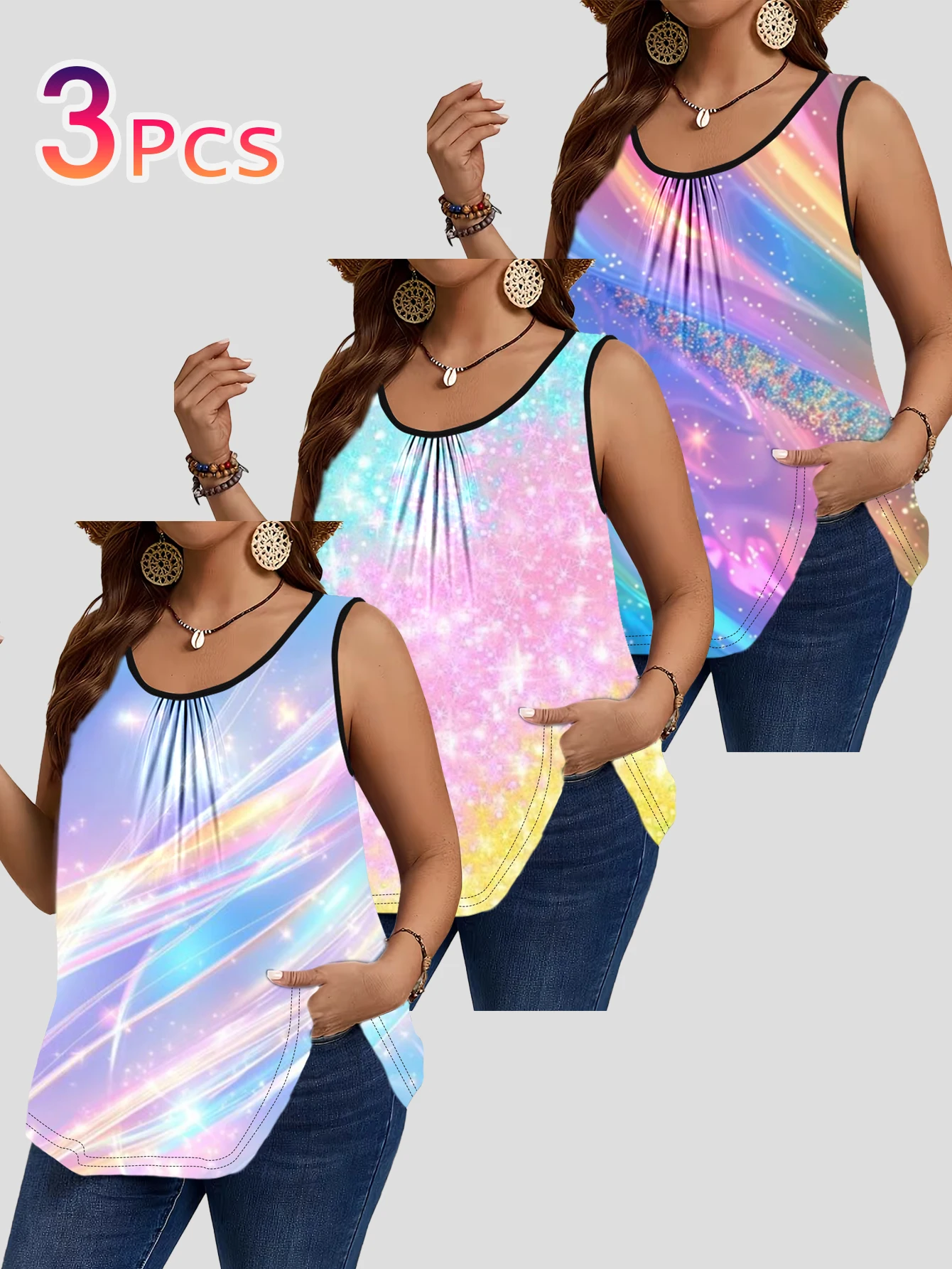 Conjunto de 3 piezas de chalecos sin mangas con estampado de nebulosa arcoíris de macaron, de talla grande, para mujer. Camisetas holgadas de cuello redondo, coloridas y con brillo, que cubren el cuerpo y se pueden usar como prenda exterior.
