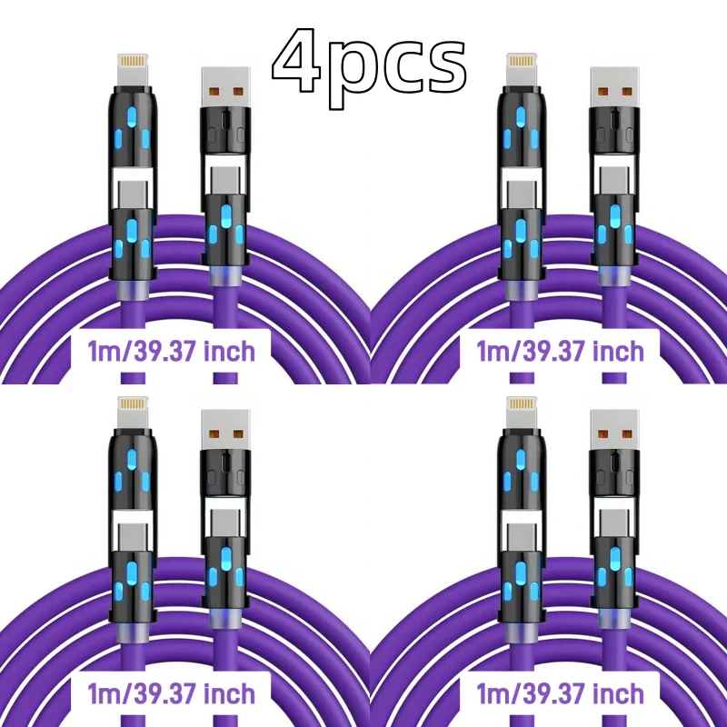 

4 шт. USB-кабели для быстрой зарядки 4-в-1, 240 Вт [3 фута], Type-C, для большинства телефонов, многопортовые, с несколькими разъемами