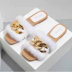 Fashion Chain Plush Furry Fluffy Woman Sandals White Flat with Outdoor Female Slides Fur Summer Beach Shoes Big Size 37-42