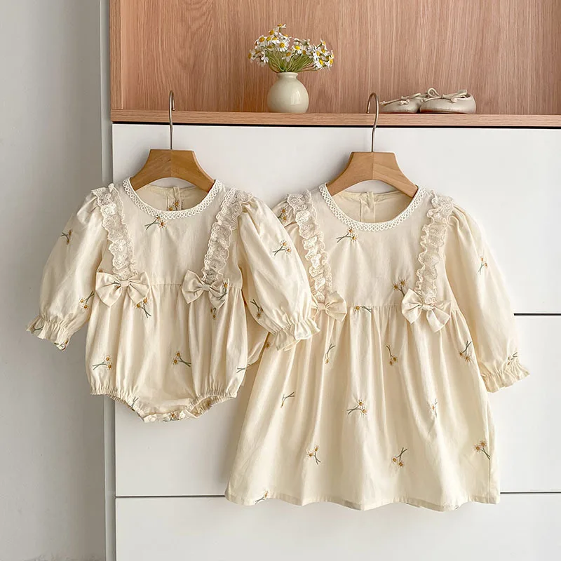 Spring Flower Girls Long Sleeve Sweet Sisters Dress Bow Autumn Infant Rompers Kids Baby Girls Birthday Princess Clothes Rompers