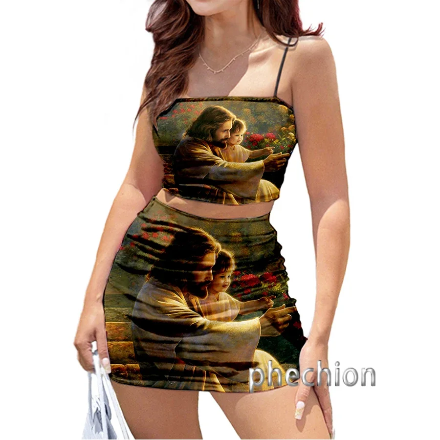 Phechion-Conjunto de ropa con estampado 3D de Jesús para mujer, Top Sexy de tubo con tirantes y Vestido corto, 2 piezas, K09