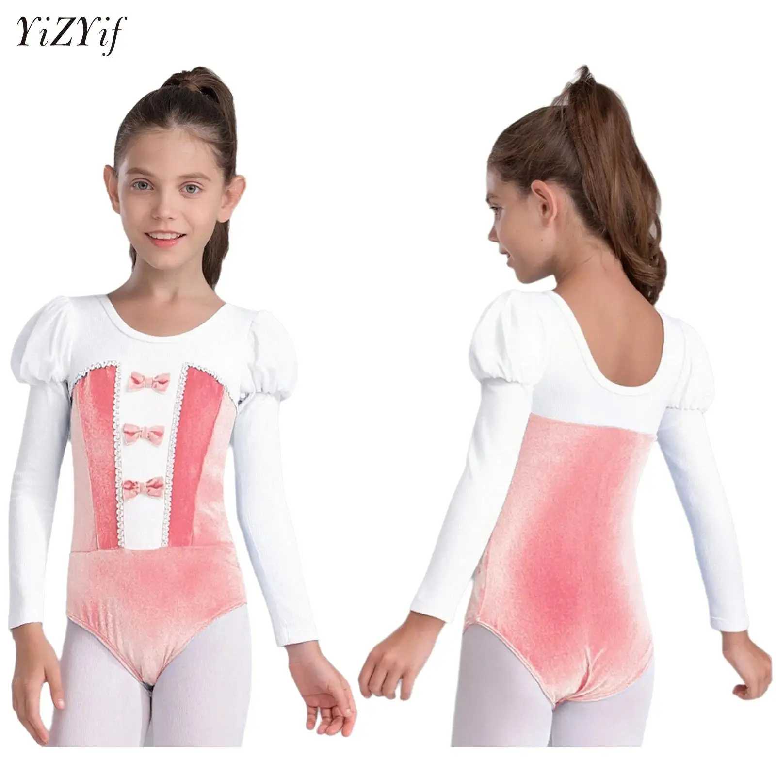 

Ballet Dance Bowknot Leotard Tutu Girls Dancewear Puff Long Sleeves Velvet Ballerina Fairy Party Costumes Competition Clothes
