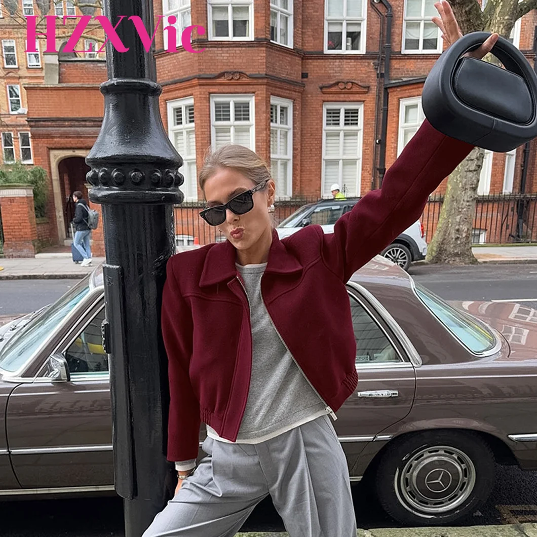 

HZXVic женские пальто элегантное винно-красное темпераментное короткое роскошное пальто с лацканами топ универсальные свободные новые дизайнерские пальто на молнии Y2k